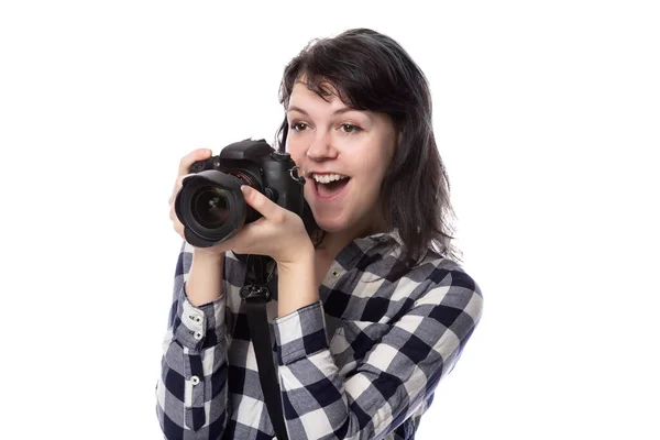 Jonge Vrouwelijke Freelance Professionele Fotograaf Kunststudent Fotojournalist Een Witte Achtergrond — Stockfoto