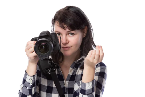 Jovem Fotógrafa Profissional Freelance Estudante Arte Fotojornalista Ela Está Fazendo — Fotografia de Stock