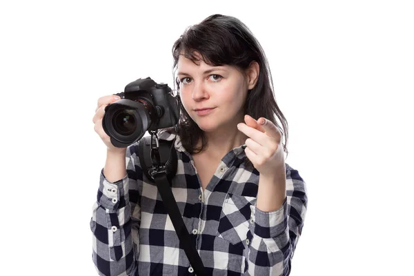 Jovem Fotógrafa Profissional Freelance Estudante Arte Fotojornalista Fundo Branco Segurando — Fotografia de Stock