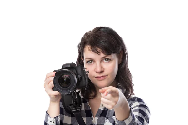 Jovem Fotógrafa Profissional Freelance Estudante Arte Fotojornalista Fundo Branco Segurando — Fotografia de Stock