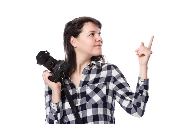 Młoda Kobieta Niezależna Profesjonalny Fotograf Lub Student Sztuki Lub Fotoreporter — Zdjęcie stockowe