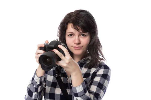 Junge Freiberufliche Fotografin Oder Kunststudentin Oder Fotojournalistin Auf Weißem Hintergrund — Stockfoto