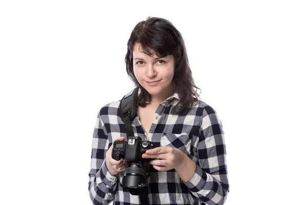 Jonge Vrouwelijke Freelance Professionele Fotograaf Kunststudent Fotojournalist Een Witte Achtergrond — Stockfoto