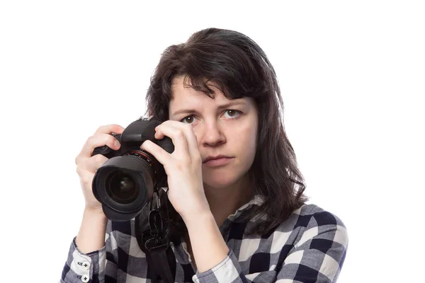 Giovane Fotografa Professionista Freelance Studentessa Arte Fotoreporter Uno Sfondo Bianco — Foto Stock