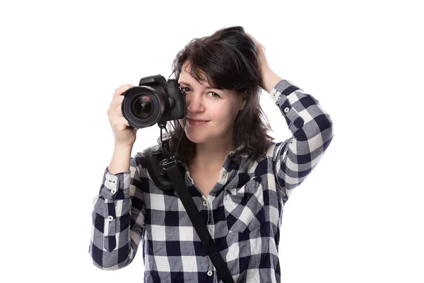 Fiatal Női Szabadúszó Profi Fotós Vagy Művészeti Hallgató Vagy Fotóriporter — Stock Fotó