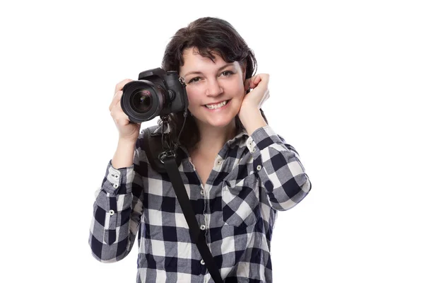 Jonge Vrouwelijke Freelance Professionele Fotograaf Kunststudent Fotojournalist Een Witte Achtergrond — Stockfoto