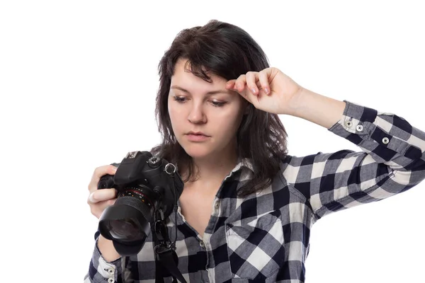 Jovem Fotógrafa Profissional Freelance Estudante Arte Fotojornalista Fundo Branco Segurando — Fotografia de Stock