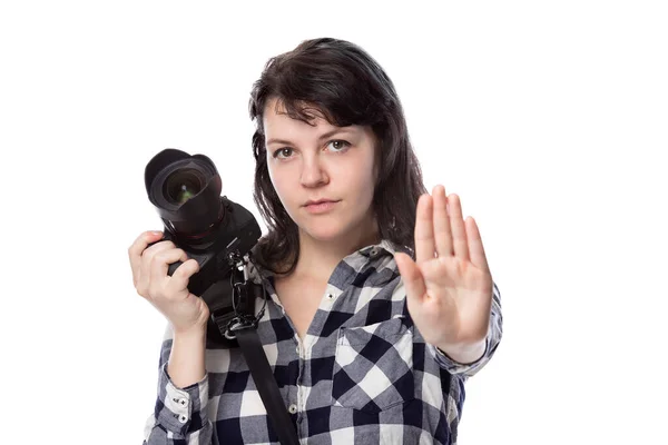 Junge Freiberufliche Fotografin Oder Kunststudentin Oder Fotojournalistin Auf Weißem Hintergrund — Stockfoto