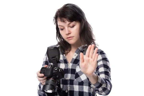 Junge Freiberufliche Fotografin Oder Kunststudentin Oder Fotojournalistin Auf Weißem Hintergrund — Stockfoto