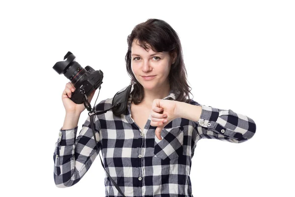 Giovane Fotografa Professionista Freelance Studente Arte Fotoreporter Uno Sfondo Bianco — Foto Stock