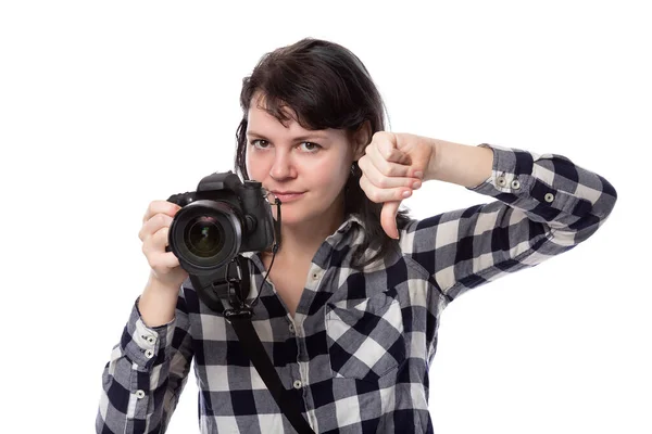 Giovane Fotografa Professionista Freelance Studente Arte Fotoreporter Uno Sfondo Bianco — Foto Stock