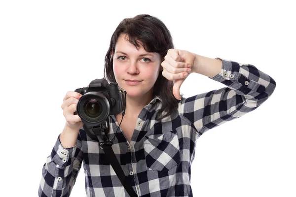 Jovem Fotógrafa Profissional Freelance Estudante Arte Fotojornalista Fundo Branco Segurando — Fotografia de Stock