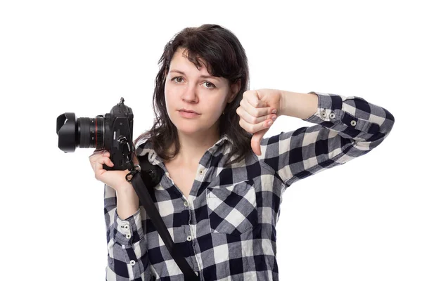 Jovem Fotógrafa Profissional Freelance Estudante Arte Fotojornalista Fundo Branco Segurando — Fotografia de Stock