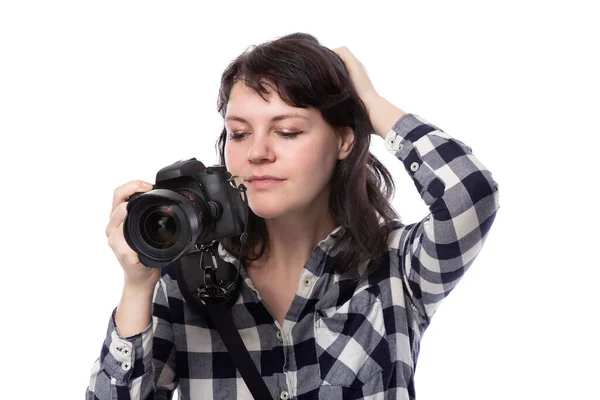 Fiatal Női Szabadúszó Profi Fotós Vagy Művészeti Hallgató Vagy Fotóriporter — Stock Fotó