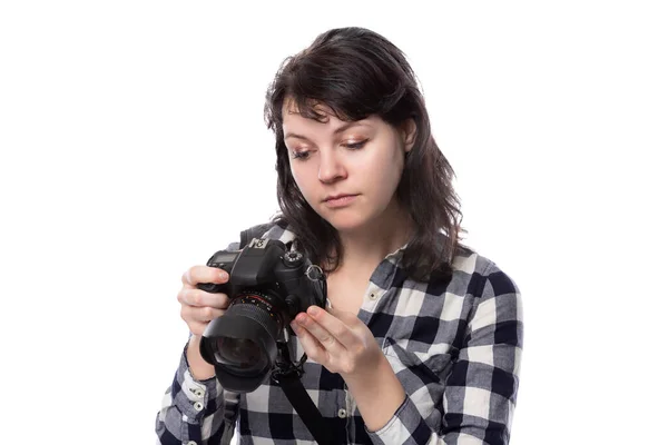 Young Female Freelance Professional Photographer Art Student Photojournalist White Background — Stock Photo, Image