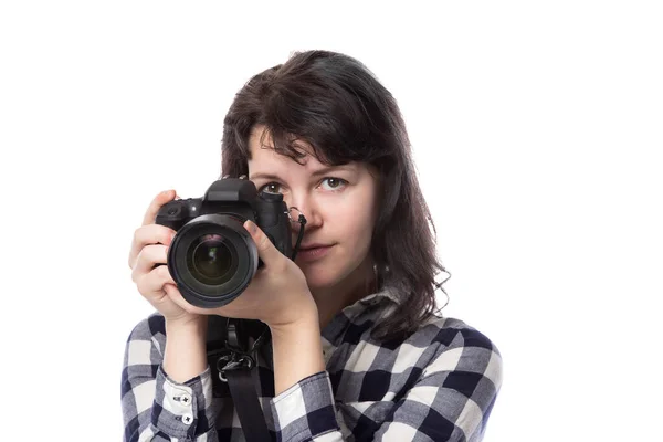 Giovane Fotografa Professionista Freelance Studentessa Arte Fotoreporter Uno Sfondo Bianco — Foto Stock