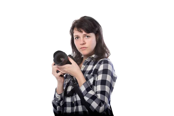 Молодая Женщина Внештатный Профессиональный Фотограф Студент Фотожурналист Белом Фоне Камерой — стоковое фото