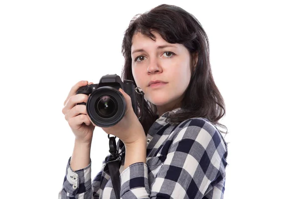 Jonge Vrouwelijke Freelance Professionele Fotograaf Kunststudent Fotojournalist Een Witte Achtergrond — Stockfoto