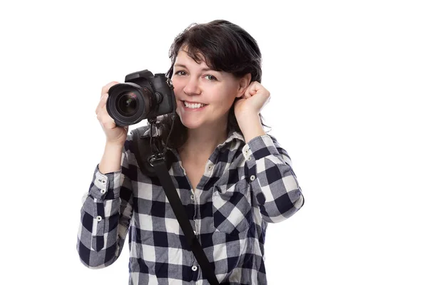 Joven Fotógrafa Profesional Freelance Estudiante Arte Fotoperiodista Sobre Fondo Blanco —  Fotos de Stock