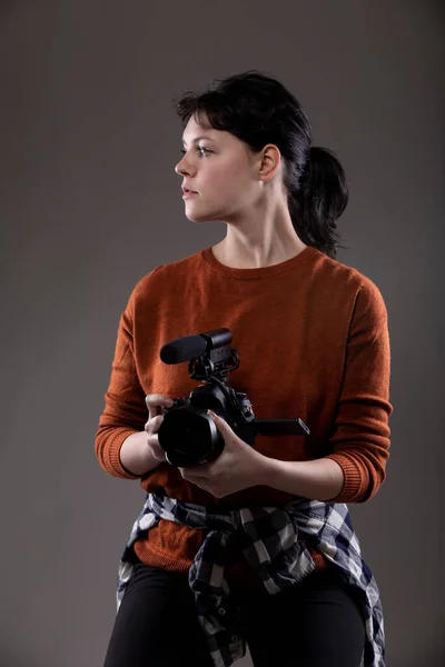 Portrait Female Online Content Creator Holding Video Camera Used Vlogging — Stock Photo, Image