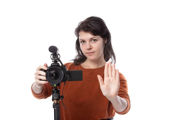 Giovane Donna Con Fotocamera Microfono Come Regista Creatore Contenuti Online — Foto Stock