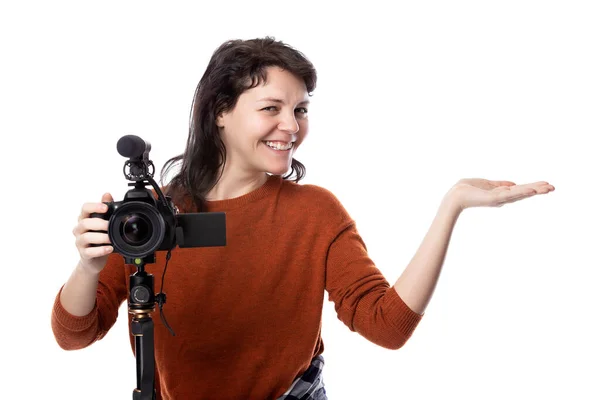 Young Female Camera Mic Filmmaker Online Content Creator White Background — Stock Photo, Image