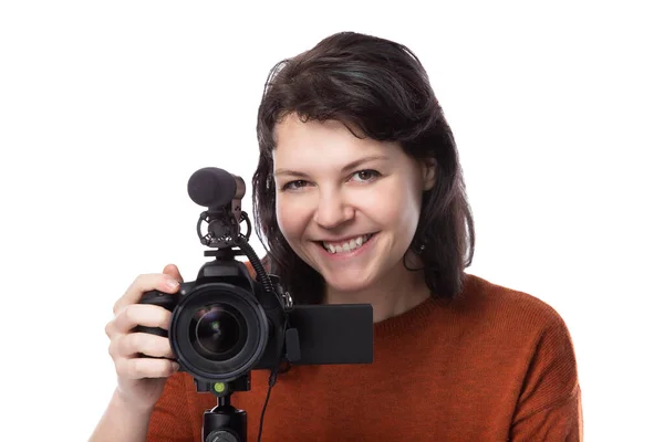 Young Female Camera Mic Filmmaker Online Content Creator White Background — Stock Photo, Image