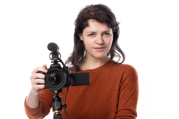 Young Female Camera Mic Filmmaker Online Content Creator White Background — Stock Photo, Image