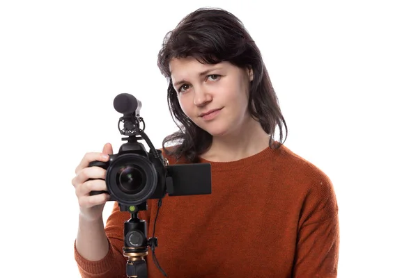 Young Female Camera Mic Filmmaker Online Content Creator White Background — Stock Photo, Image