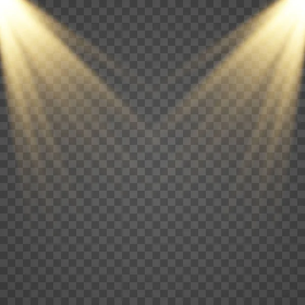 舞台光线在透明的背景上被隔离 矢量明亮的黄色发光场景聚光灯效果 为您的创意设计显示垂直剧场投影仪光束模板 — 图库矢量图片