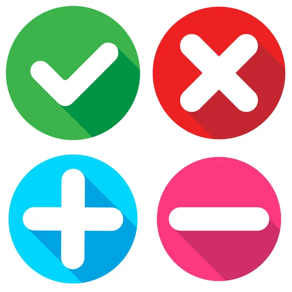 Set of flat square check mark, X mark, plus sign and minus sign icons, buttons isolated on a white background. EPS10 vector file — Stock Illustration Set Flat Square Check Mark Mark Sign Sign Icons Buttons Stock Vector