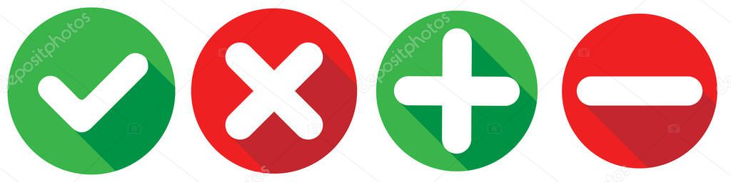 Set of flat square check mark, X mark, plus sign and minus sign icons, buttons isolated on a white background. EPS10 vector file — Stock Illustration Set Flat Square Check Mark Mark Sign Sign Icons Buttons Stock Illustration