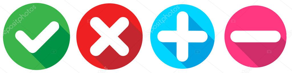 Set of flat square check mark, X mark, plus sign and minus sign icons, buttons isolated on a white background. EPS10 vector file — Stock Illustration Set Flat Square Check Mark Mark Sign Sign Icons Buttons Stock Vector