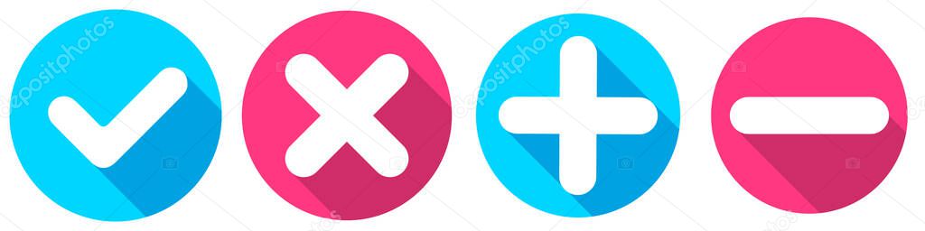 Set of flat square check mark, X mark, plus sign and minus sign icons, buttons isolated on a white background. EPS10 vector file — Stock Illustration Set Flat Square Check Mark Mark Sign Sign Icons Buttons Stock Illustration