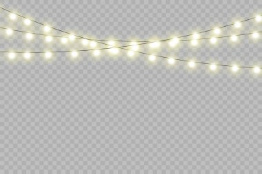 Noel ışıkları gerçekçi tasarım unsurlarını izole etti. Xmas tatil kartları, afişler, posterler, web tasarımı için parlayan ışıklar.