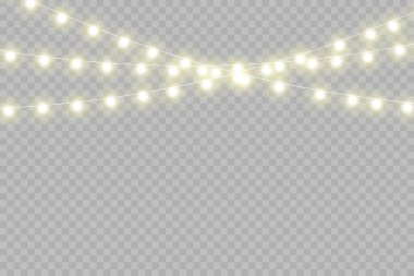 Noel ışıkları gerçekçi tasarım unsurlarını izole etti. Xmas tatil kartları, afişler, posterler, web tasarımı için parlayan ışıklar.