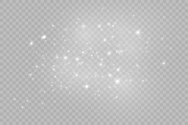 Toz beyazı. Beyaz kıvılcımlar ve altın yıldızlar özel ışıkla parlıyorlar. Şeffaf arkaplanda vektör parıldıyor.