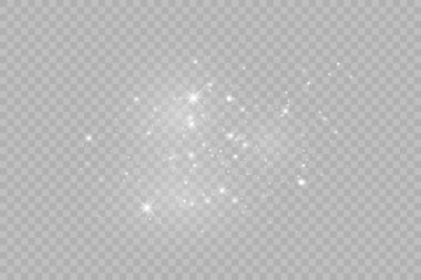 Toz beyazı. Beyaz kıvılcımlar ve altın yıldızlar özel ışıkla parlıyorlar. Şeffaf arkaplanda vektör parıldıyor.