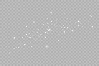 Toz beyazı. Beyaz kıvılcımlar ve altın yıldızlar özel ışıkla parlıyorlar. Şeffaf arkaplanda vektör parıldıyor.