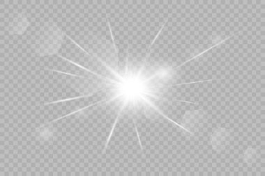 Şeffaf beyaz parlayan ışık patlaması. Işın parıltılarıyla serin efekt dekorasyonu. Şeffaf parlaklık gradyan parıltısı.
