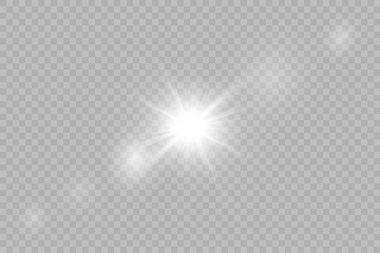 Şeffaf beyaz parlayan ışık patlaması. Işın parıltılarıyla serin efekt dekorasyonu. Şeffaf parlaklık gradyan parıltısı.
