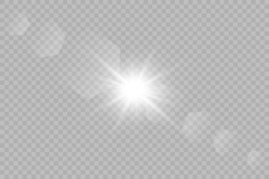 Şeffaf beyaz parlayan ışık patlaması. Işın parıltılarıyla serin efekt dekorasyonu. Şeffaf parlaklık gradyan parıltısı.