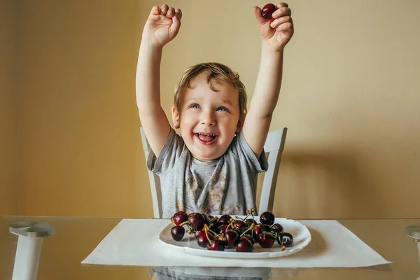 L'enfant joyeux leva les mains et se réjouit dans les cerises dans l'assiette. il est assis dans la cuisine — Photo