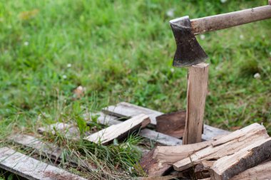 an iron axe sticks out in the field. someone chops wood 