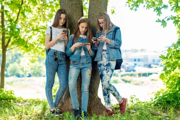 Tre ragazze adolescenti stanno vicino all'albero in estate nel parco. Nelle sue mani tiene smartphone e comunica i social network. Corrisponde al concetto di dipendenza da internet dei genitori. Comunicazione amichevole . — Foto Stock