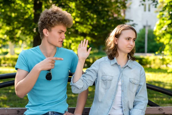 Young married couple. In summer in the park in nature. The guy scolds the girl. Emotions of mistrust. Insults and insults in the relationship. Problems in family life. Concept scandal behavior. — Stock Photo, Image