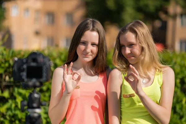 Dwie dziewczyny w okresie letnim w parku. Lato w przyrodzie. Młode dziewczyny blogerów Wyświetlono gesty rąk Ok. Uśmiecha się radośnie. Emocjonalnie wideo transmisja Online. — Zdjęcie stockowe