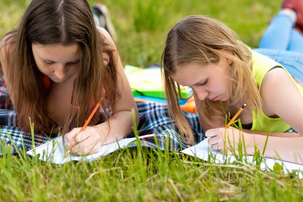 Две девочки-подростки. Лето на природе. Делайте уроки в блокнотах. Они лежали на траве на полосатом одеяле. Запиши задание в блокнот. Концепция школьного образования в природе . — стоковое фото