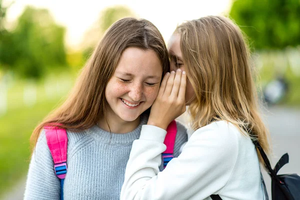 Dua gadis teman sekolah remaja. Di taman kota musim panas. Konsep lelucon, rahasia, fantasi, percakapan, bisikan, kejutan. Emosi kebahagiaan adalah kesenangan, sukacita, senyum, kesenangan . — Stok Foto