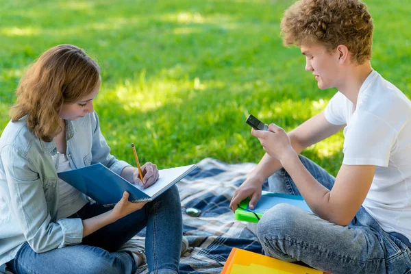 Хлопець з дівчиною влітку на природі. Вони сидять на ковдрі. Студенти роблять домашнє завдання. У своїх руках він тримає блокнот і смартфон записує своє домашнє завдання. Підтримка один одного . — стокове фото